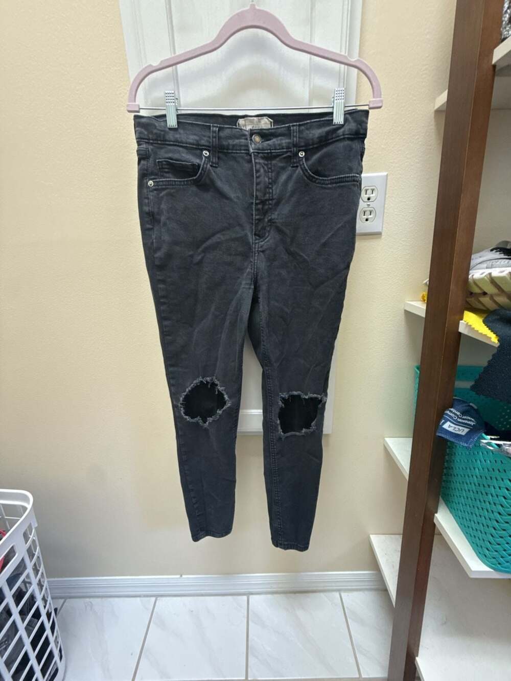 Free People High Rise Skinny Distressed Knee Jeans in Faded Black